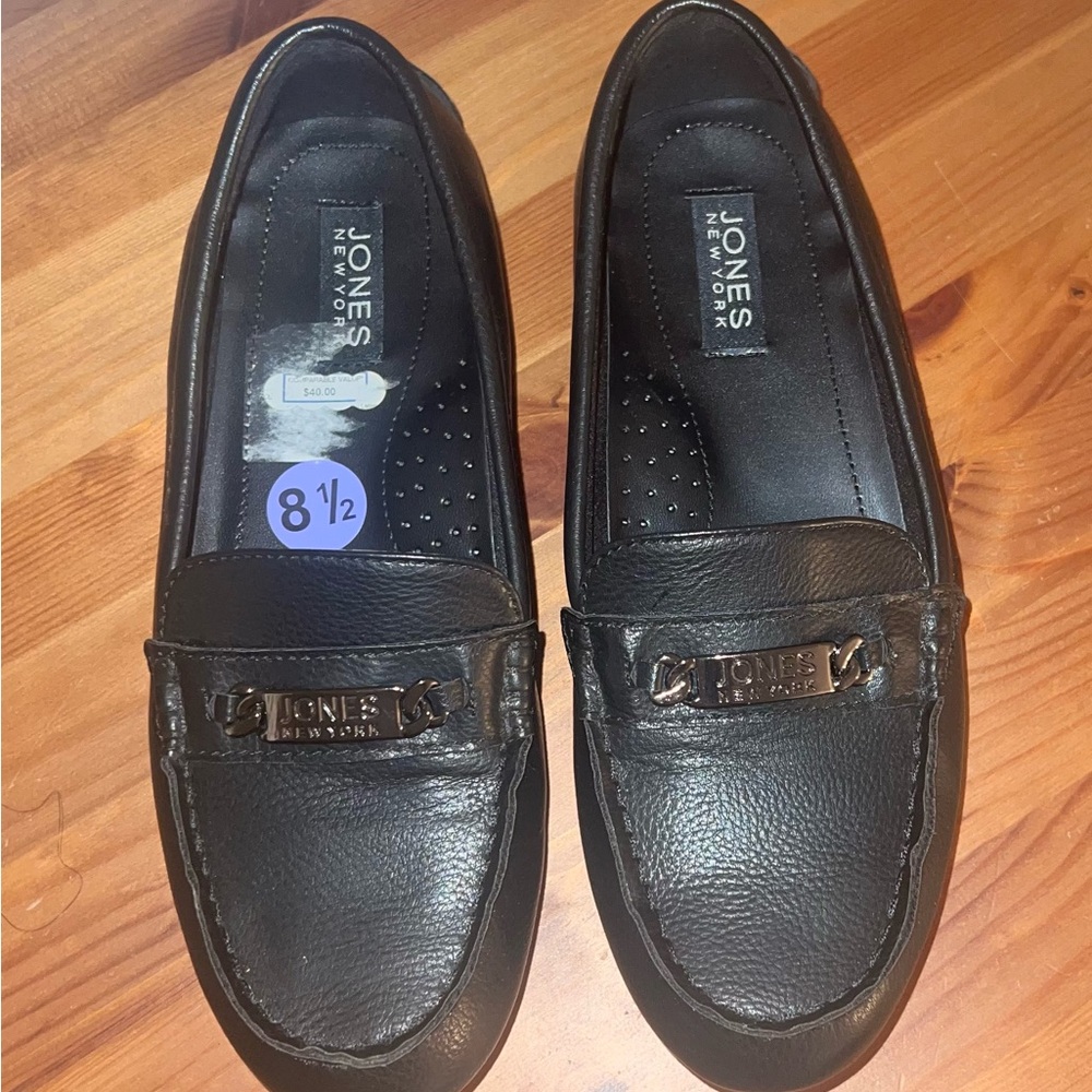 Jones New York Black Leather Slip-On Loafers with Branded Bit